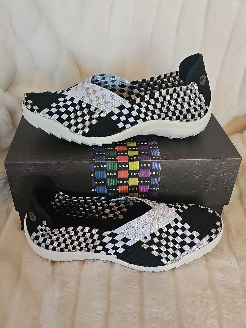 bernie mev. Woven Slip-On Athletic Sneakers - Black, White & Silver